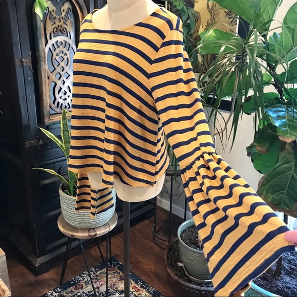 Loveriche mustard & navy strip bell sleeve top - Picture 5 of 8
